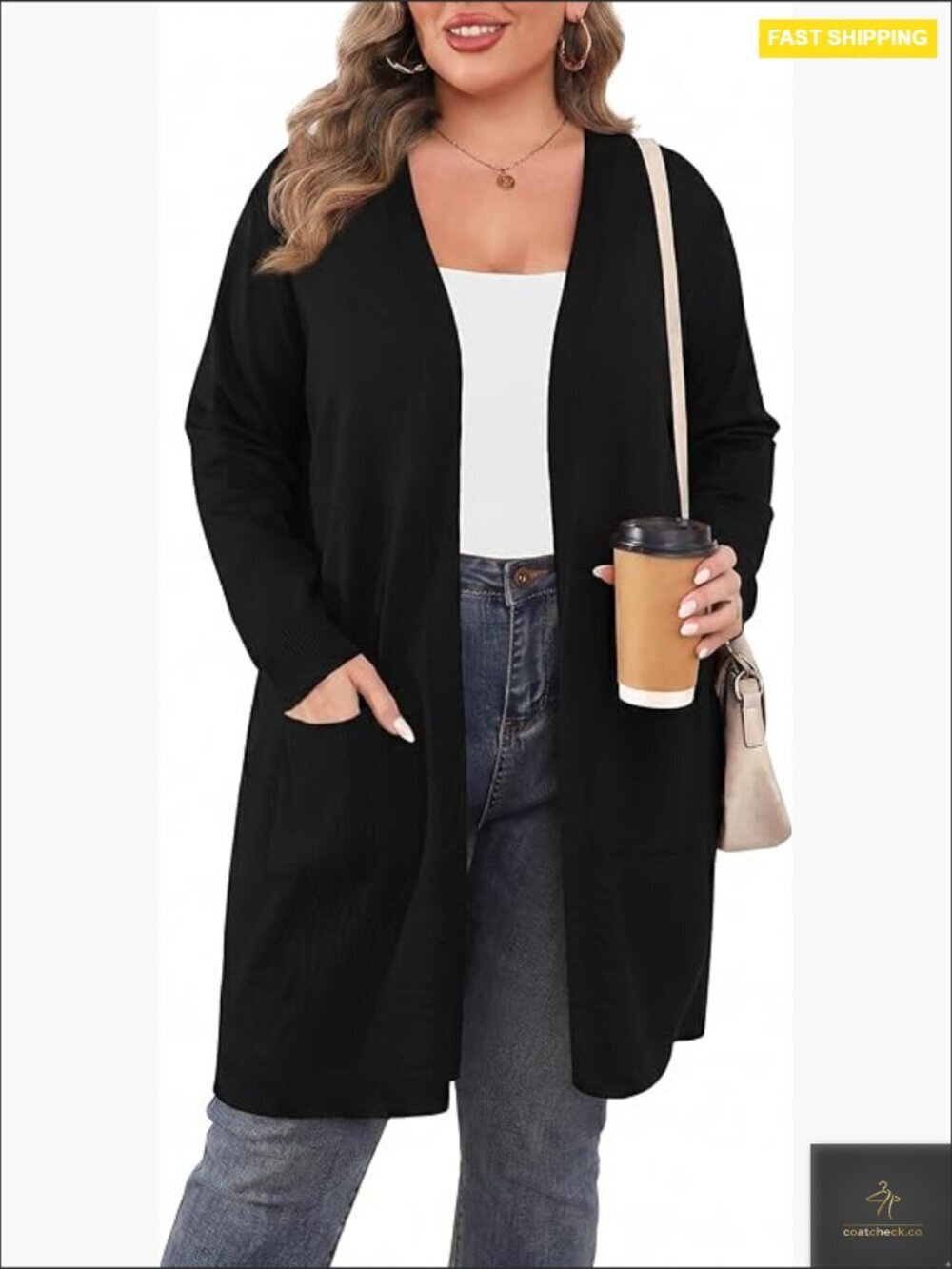 Plus Size Long Sleeve Open Front Knit Cardigan Lightweight Casual with Pockets